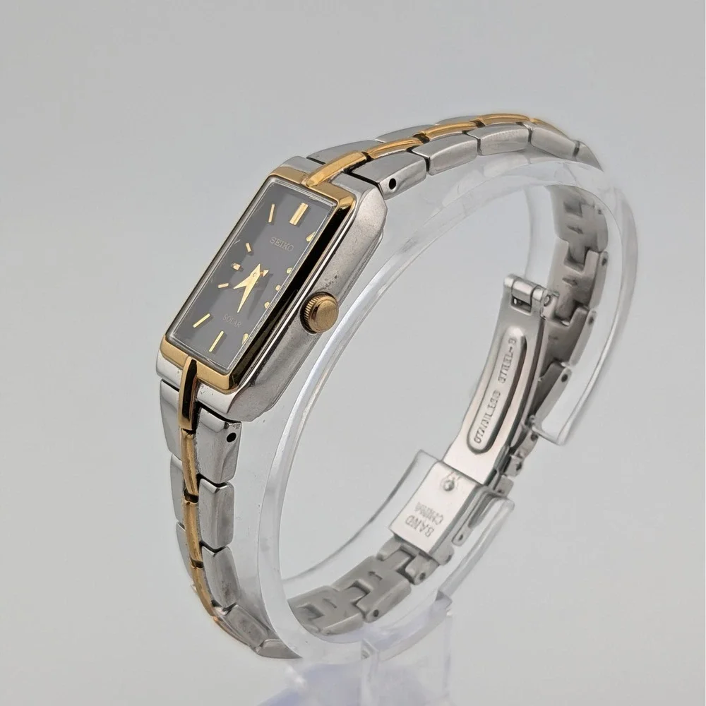 Seiko Solar Two Tone Black Sunburst Dial Rectangular Women's Watch V116-0AH0